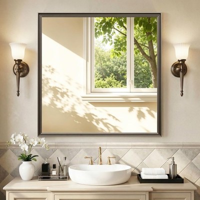 Retro Copper Effect Framed Wall Mirror, 36x36 Rectangle Mirror, Anti-desilver...