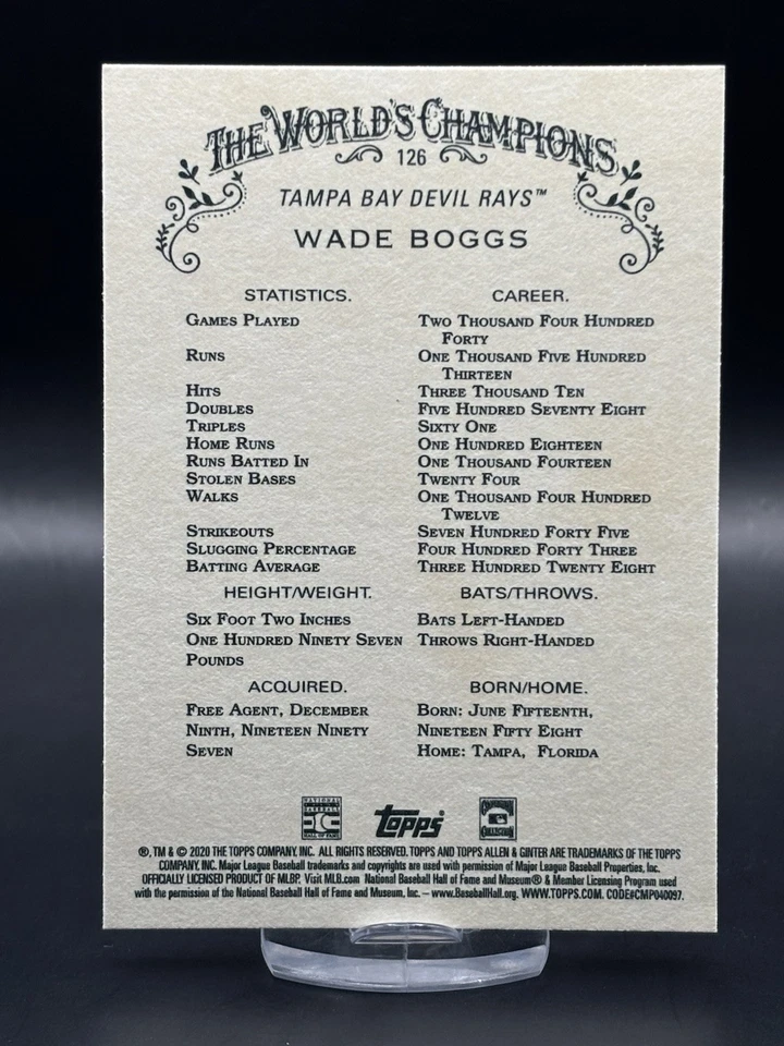 2020 Topps Allen and Ginter Wade Boggs #126 - Tampa Bay Rays - - Image 2 of 2