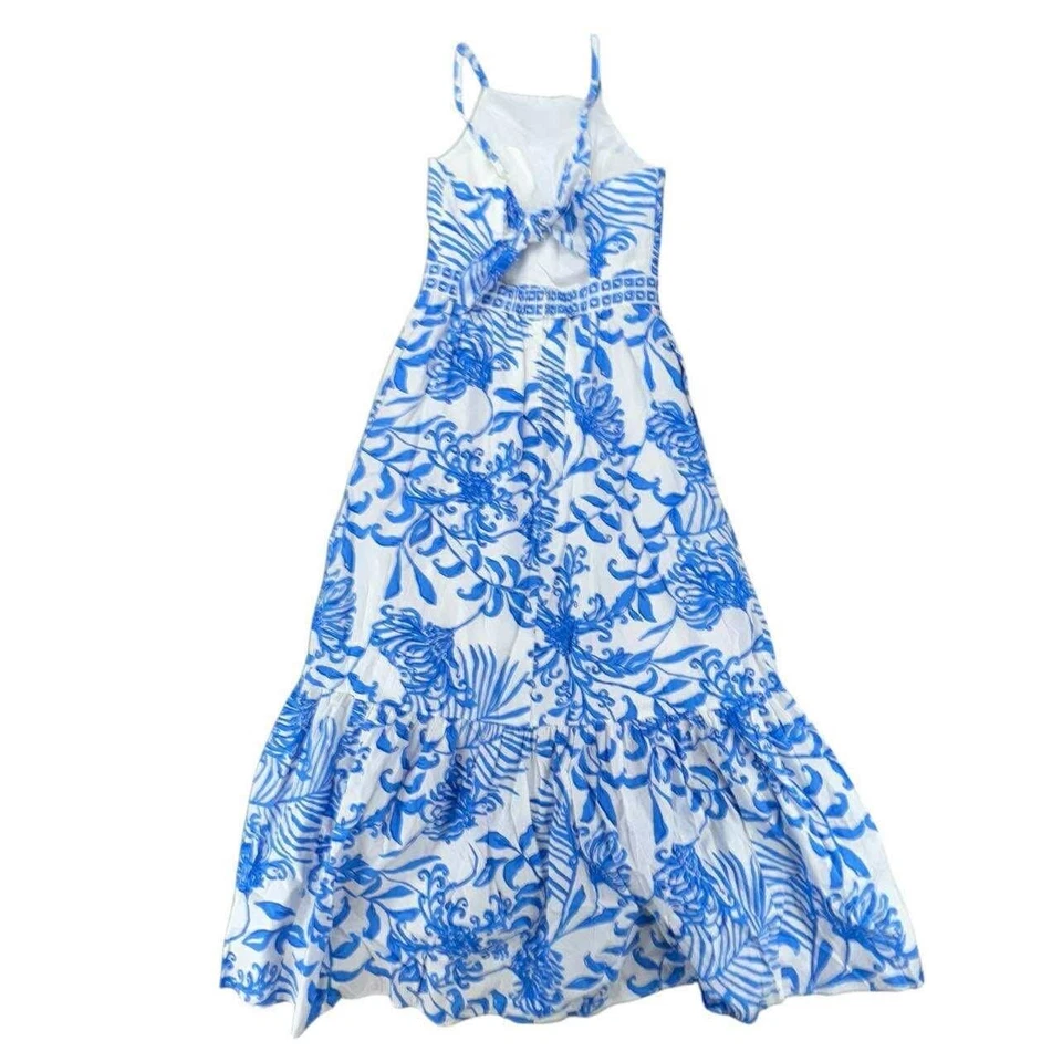 Lilly Pulitzer Maxi Dress Blue Floral Print Tiered Ruffle Spaghetti Straps - Image 2 of 4