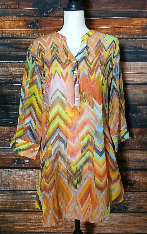 Peppermint Bay Tunic Top Size L Cotton Rayon Blend Lightweight 3/4 Sleeves Sheer - Image 3 of 4