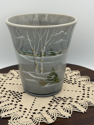 #ad Fenton Glass 2007 Winter Scene Grey Flip Vase with Tag Signed A. Farley $147.00