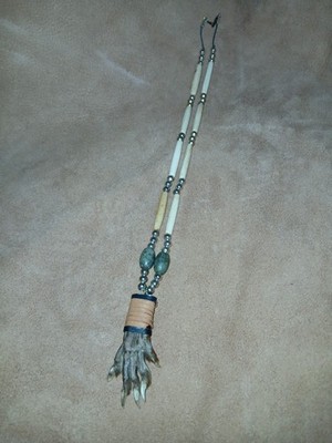 Beaded Charm Necklace Musk Rat Paw Pendant Bone Leather Metal Stone 
