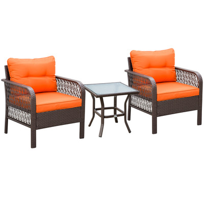 Terrassen Bistro Set 3tlg Orange PE Korb Metallgestell Hartglas Tisch 65x66x75cm
