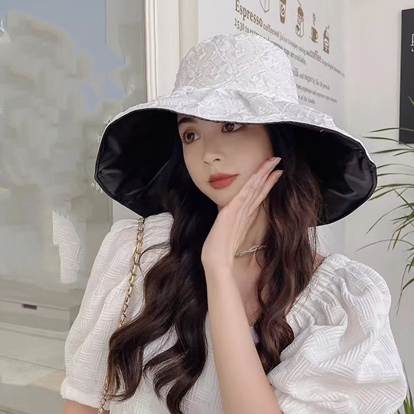 White Wide Brim Sun Hat UV Protection UPF 50 Fisherman Hat For Women Summer EC