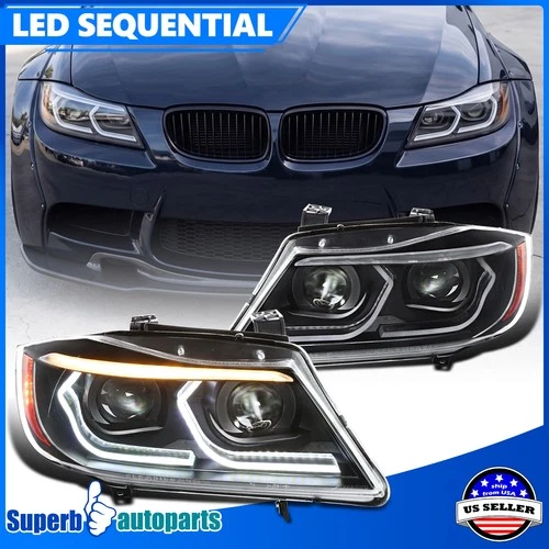 For 2006-2011 BMW E90 E91 3-Series Sedan Black Projector Headlights LED Tube