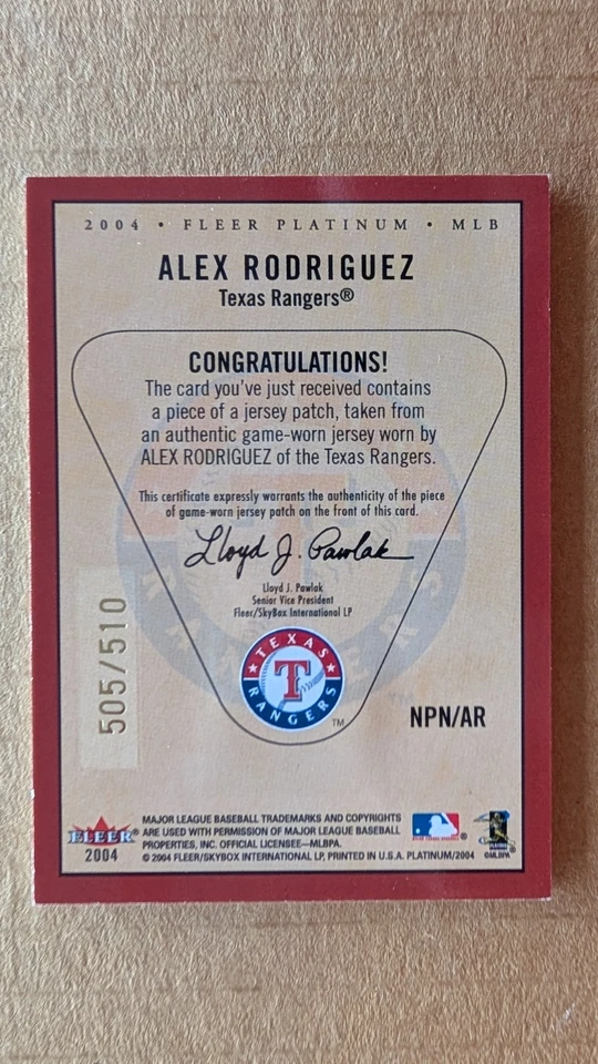 2004 Platinum ALEX RODRIGUEZ 4-COLOR PATCH/ JERSEY Card 505/510 TEXAS RANGERS bb - Image 2 of 2