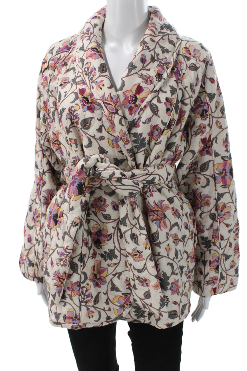 Tularosa Womens Quilted Jacket Beige Floral Tie Long Sleeve Size XSFree Shipping in US $100+ Orders | $6.95 Orders Below