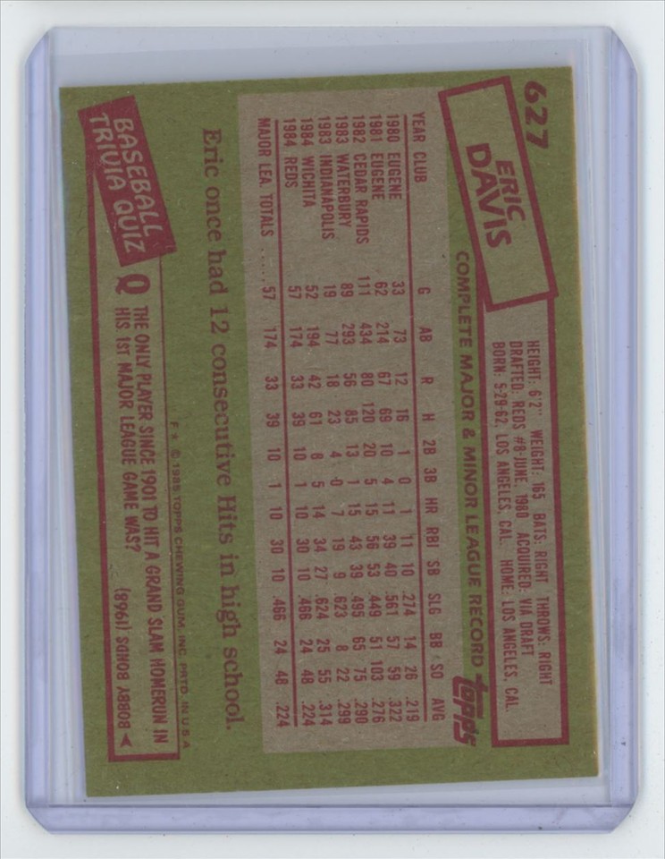 1985 Topps Rookie Eric Davis . Cincinnati Reds #627 | eBay