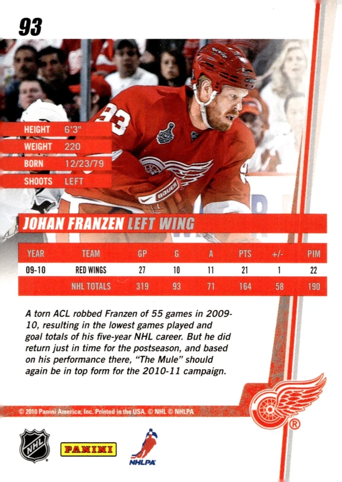 Johan Franzen - Signed 2010-11 Panini Donruss Card #93 - Image 2 of 2
