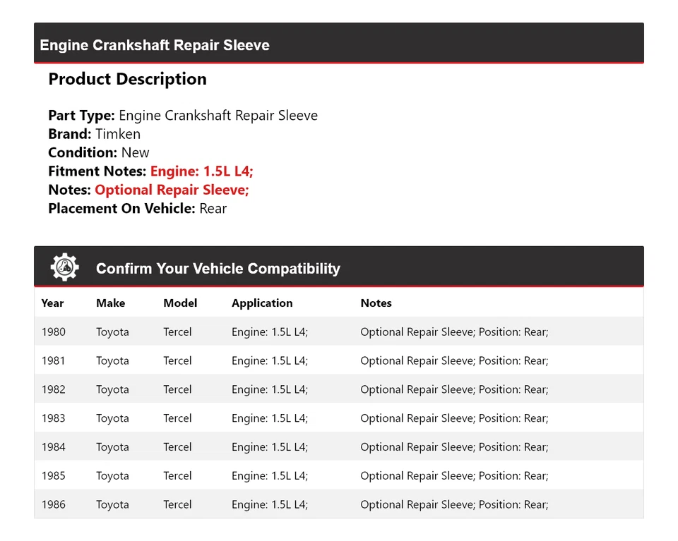 For 1980-1986 Toyota Tercel 1.5L L4 Engine Crankshaft Repair Sleeve Rear Timken - Image 2 of 4