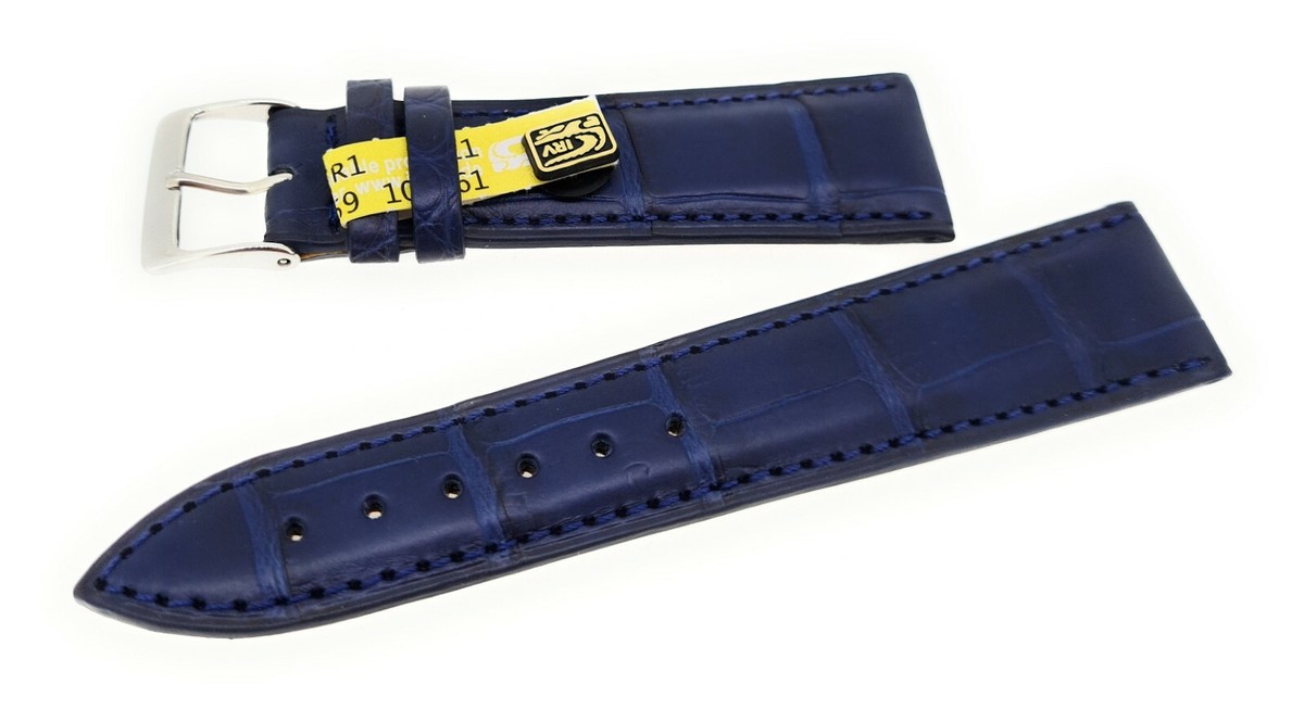 Bracelet Montre Cuir Crocodile Bleu - 21/18mm - Boucle Ardillon - Neuf Avec Défauts