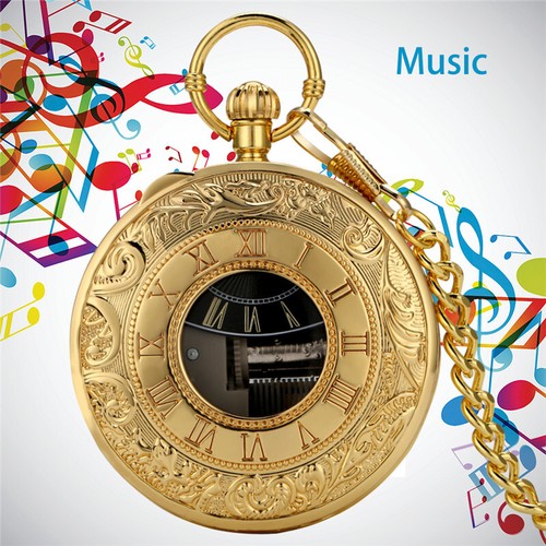 Golden Musical Pocket Watch Roman Numeral Dial Wonderful Castle in the Sky Music