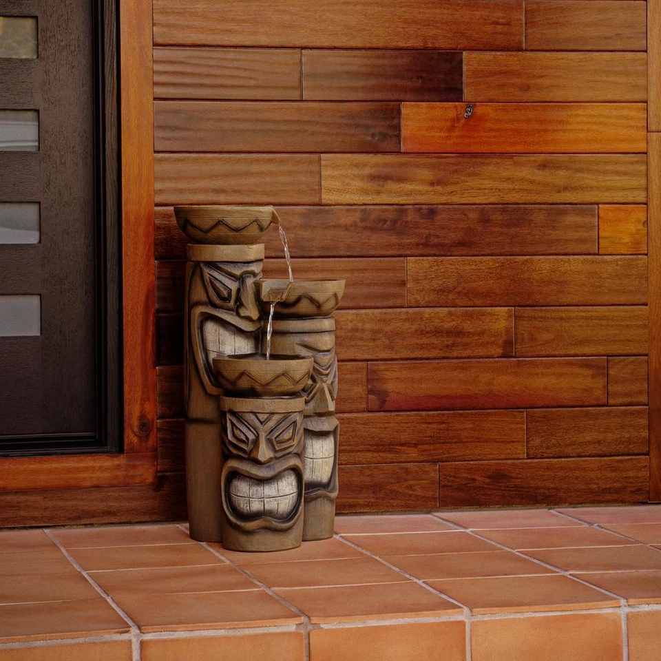 Alpine Corporation Water Fountain LED Light Tiki Head Outdoor 29 in. Tall 3-Tier - Image 2 of 4