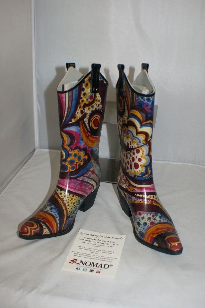 Nomad Yippy Rain Boots Turquoise Monet Paisley Cowboy Western Wms Sz New