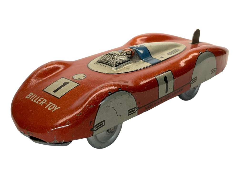 Biller-Toy Speed upland spring wind red No. 1 Race Car Tin Toy NO BOX ♤
