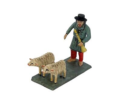 bemalt AM Hirte mit 2 Schafen für Krippenfiguren Größe 14 cm Holz geschn