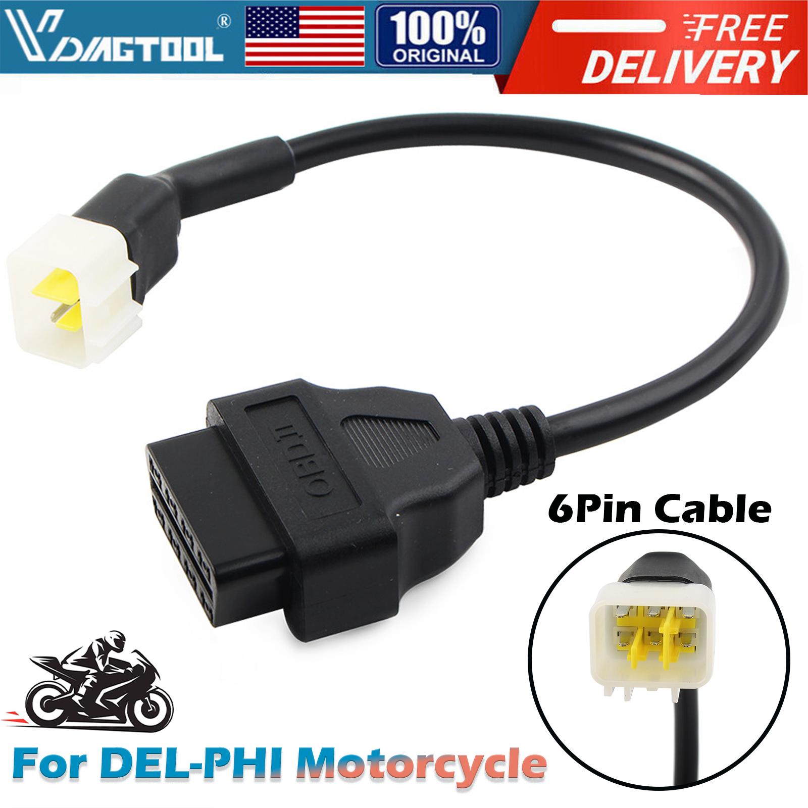 For Delphi Motorcycle 6 Pin to 16Pinp OBD2 Diagnostic Cable Scanner ...