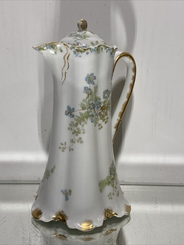 Antique HAVILAND LIMOGES Chocolate Pot Teapot Blue Flowers Gold Ribbon - Picture 5 of 21