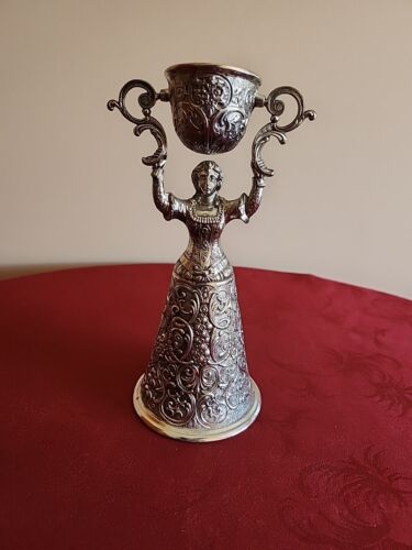 Vintage Antique Figural Wedding Cup Silver Plate Woman Gilt Gold Goblet - Afbeelding 1 van 8