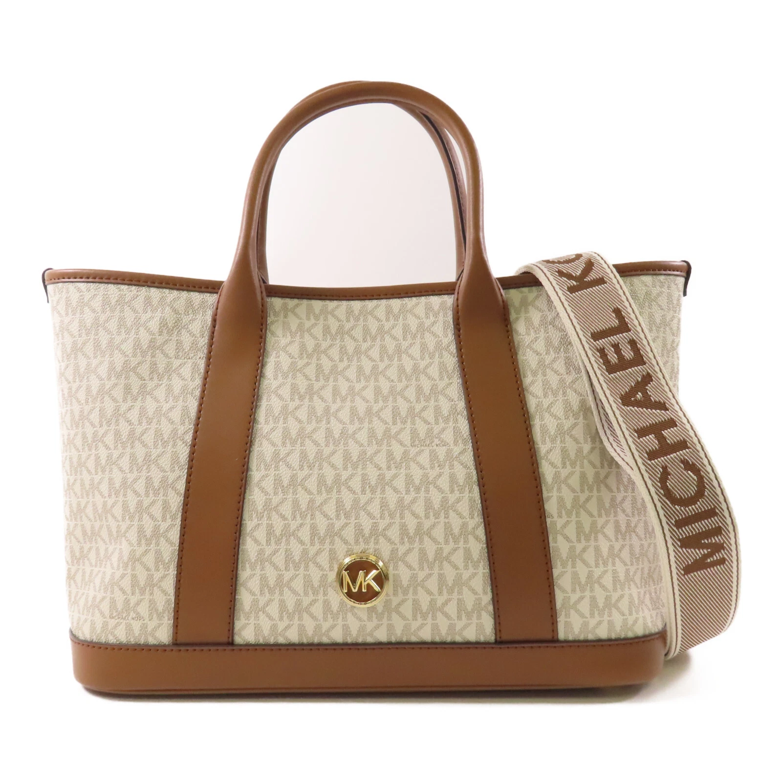 Borsa a tracolla Michael Kors MK GHW 2 vie tela rivestita in PVC marrone bianco