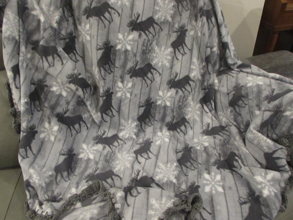 Elk Animal Snowflake Fleece Throw Blanket - Black, Gray with Crochet Edging - Image 2 of 4