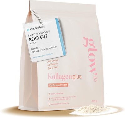 Glow25  Collagen Plus [450g] - Kollagen Hydrolysat, Vitamin C, Zink und Biotin