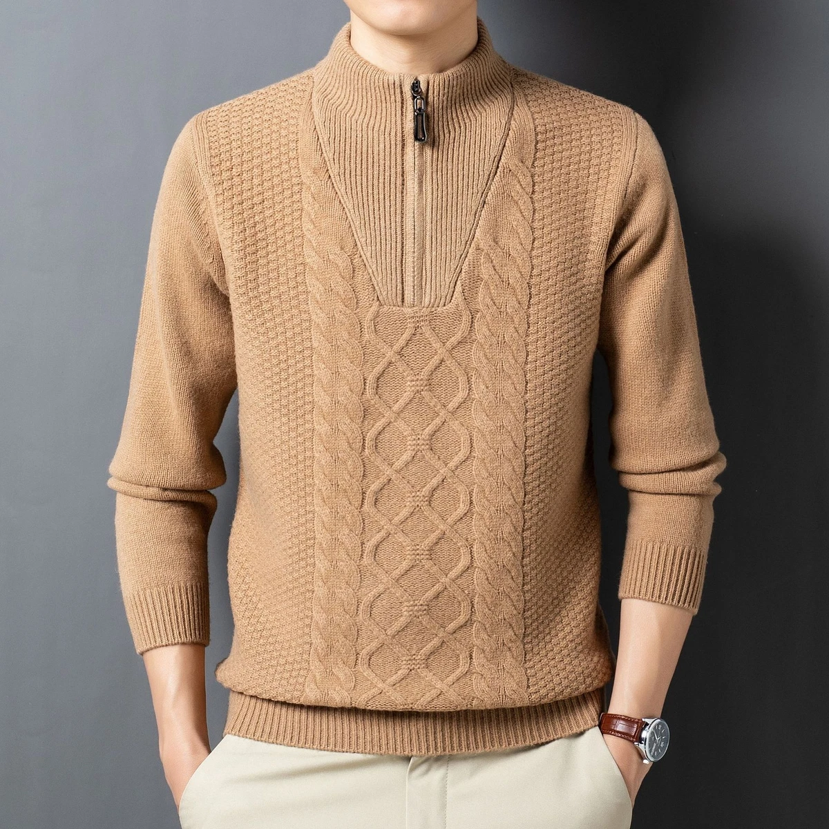 Mens Winter Sweater Stand Collar Formal Cashmere Wool Pullover Zip Knit Coats