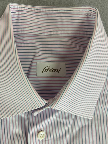 Brioni Shirt Men Large Regular Fit Academic Preppy Stripe Casual Business Pink - Picture 3 of 10
