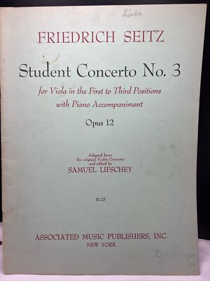 1955 Friedrich Seitz STUDENT CONCERTO No 3 FOR VIOLA with Piano Accompaniment