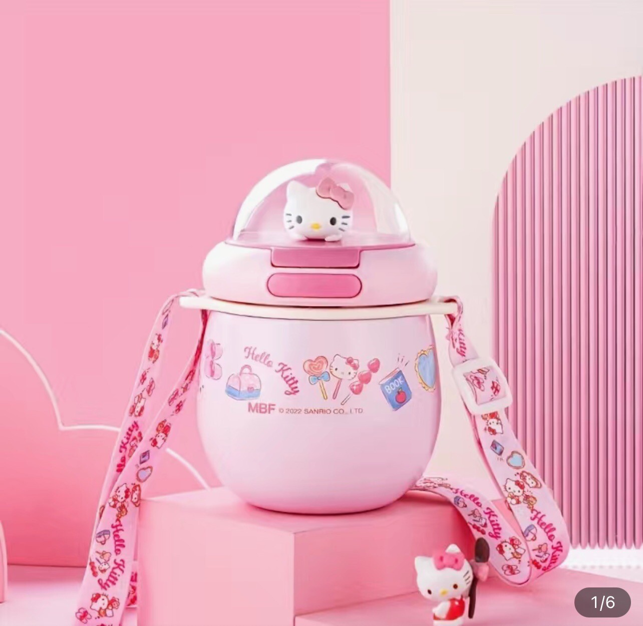 Hello Kitty Insulated Water Bottle Sanrio Kawaii Pink 380ml W Strap Kids New