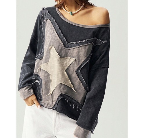 Shein Bohemela Shirt Asymmetric Hemline Patchwork Top Black Size S NWT - Picture 12 of 13