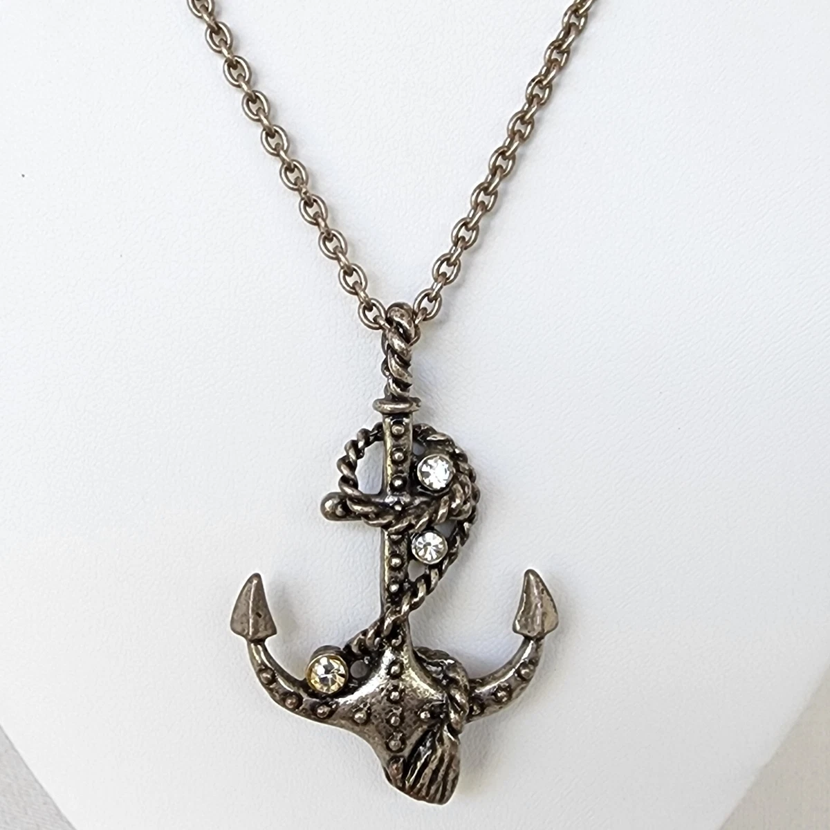 Boat Anchor Pendant Necklace Silver Tone 30