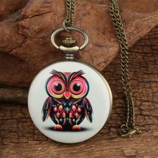 Woman's Pendant Necklace Pocket Watch Quartz Steampunk Cute Owl Portrait  