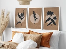 Botanical Boho Set of 3 Decor Print Black Brown and Beige Pictures