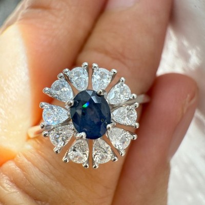 925 Sterling Silver Ring 5x3mm Natural Sapphire Gemstone Zircon Handmade Flower