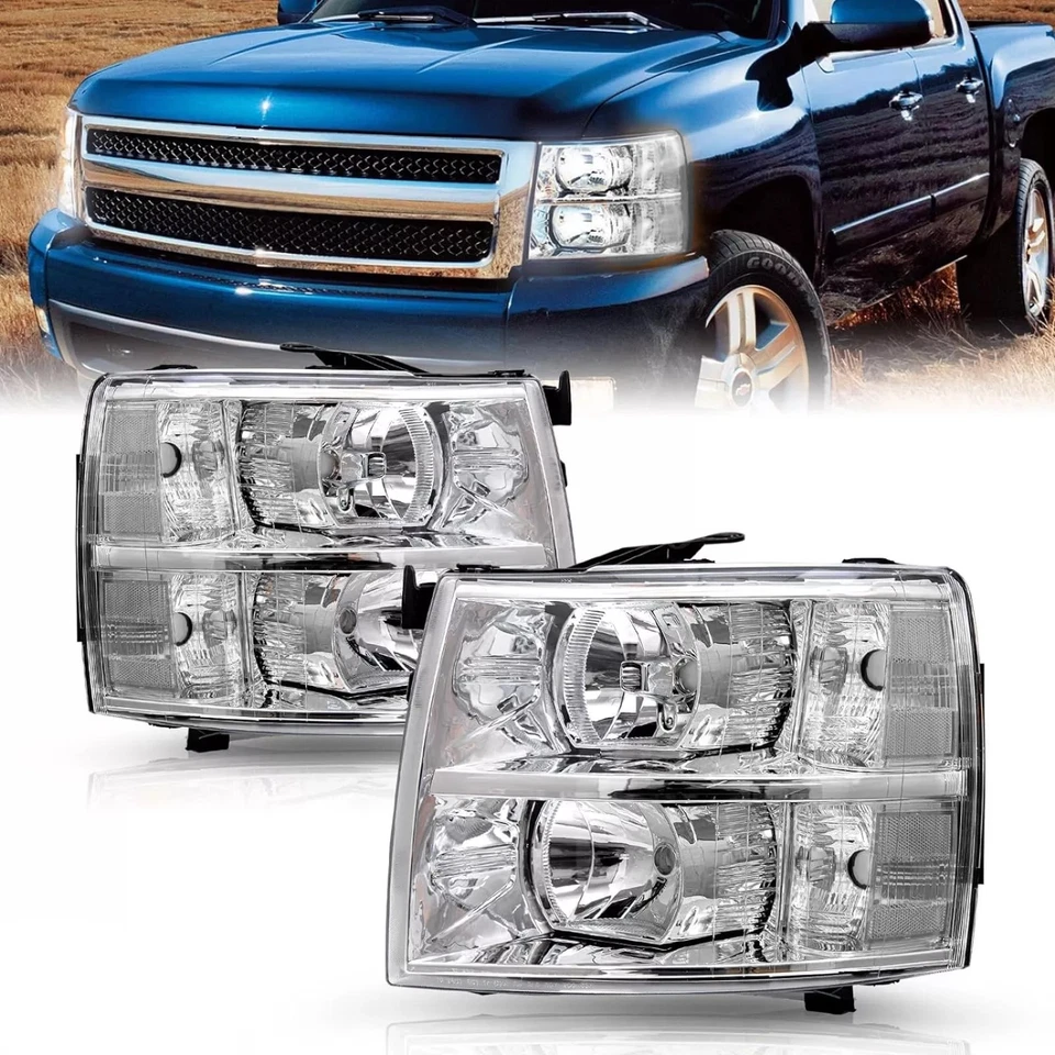 Chrome Headlights For 2007-2014 Chevy Silverado 1500 2500HD 3500HD LH+RH Sets Foto 2 de 4