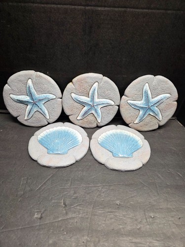 SET OF 5 NAUTICAL STARFISH & SEASHELL CONCRETE STEPPING STONES~BLUE, GRAY~NICE!
