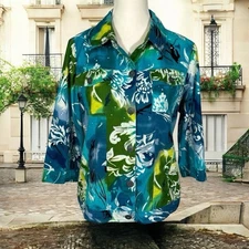 Choices Women's Small Jacket Blue Floral Button Down 3/4 Sleeve Boho Chic