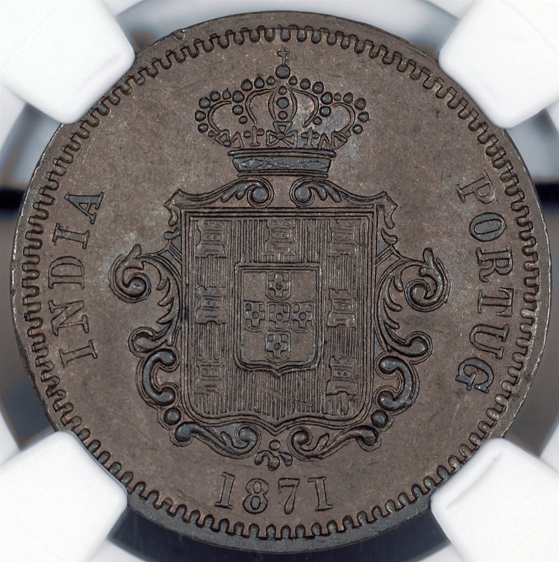 India (Portuguese) 1871 1/4 Tanga (15 Reis) AU58BN (NGC) SCARCE ONE YEAR TYPE