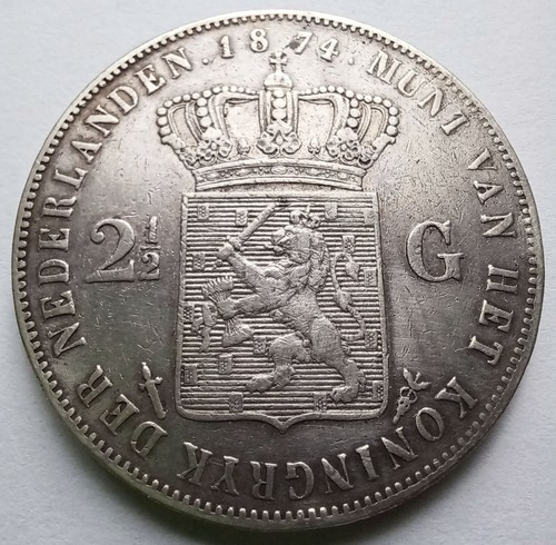 1874 Netherlands 2-1/2 Gulden Willem III Silver Coin KM#82 VF Details