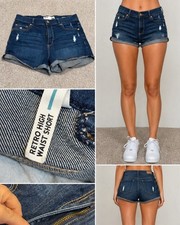 Retro Garage High Waist Micro Mini Denim Shorts Sz 9 Dark Wash Indigo Distresse