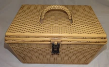 Vintage Honey Gold Wilson Wil-Hold Basket Weave Sewing Box w/ 2 Trays