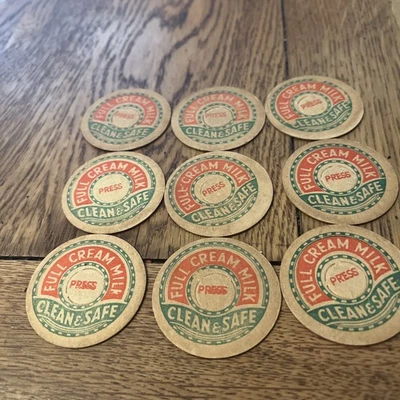 circa 1950's / 1960's farm dairy Milk Bottle Top Cap full cream milk Milk x 9 - Image 1 of 2