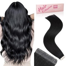 Jet Black Tape in Hair Extensions Human Hair 20pcs 40g - Double Sti... Fast Ship