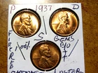 1937PDS Lincoln Penny Year Set Lustrous RED Cartwheel Gem+ Brilliant Unc.  L1