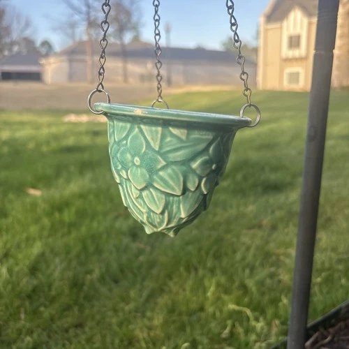 McCoy Hanging Planter Teal Green Tri-Chain Hangers Rare Pottery Mid-Century
