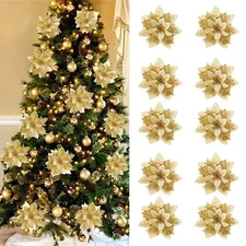 10 × Christmas Glitter Poinsettia Flowers Xmas Tree Ornament 4 Kinds Flowers