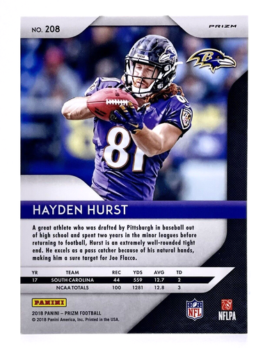 2018 Panini Prizm Lazer #208 Hayden Hurst Baltimore Ravens - Picture 2 of 2