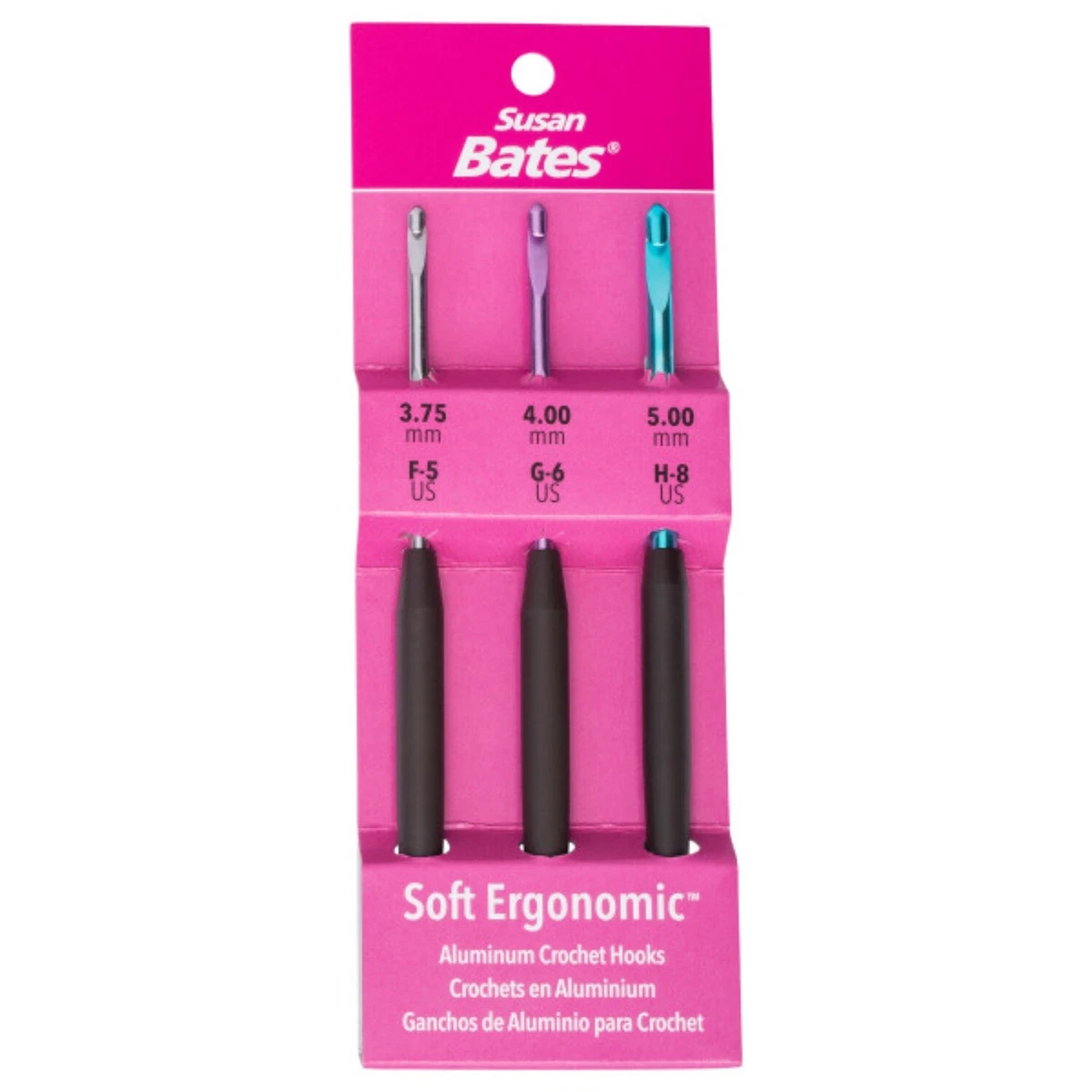 Susan Bates Silvalume Soft Ergonomic Crochet Hook Set-Sizes F5/3.75mm, G6/ 4mm, A