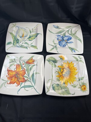 ICC Florens Square Floral Plate, Italian, Set Of 4, Each A Different Pattern 8x8